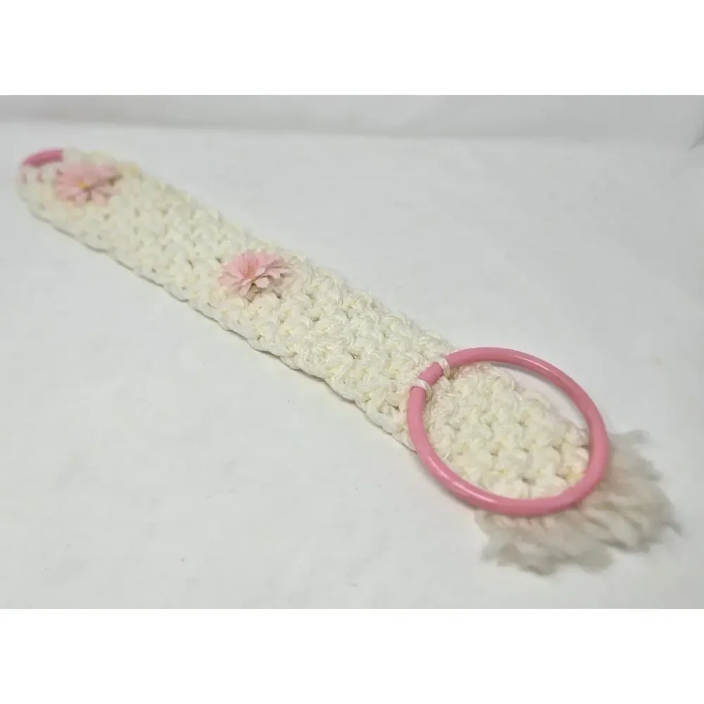 Macrame Handmade Decorative Vintage Towel Ring White Pink Floral Accent 21